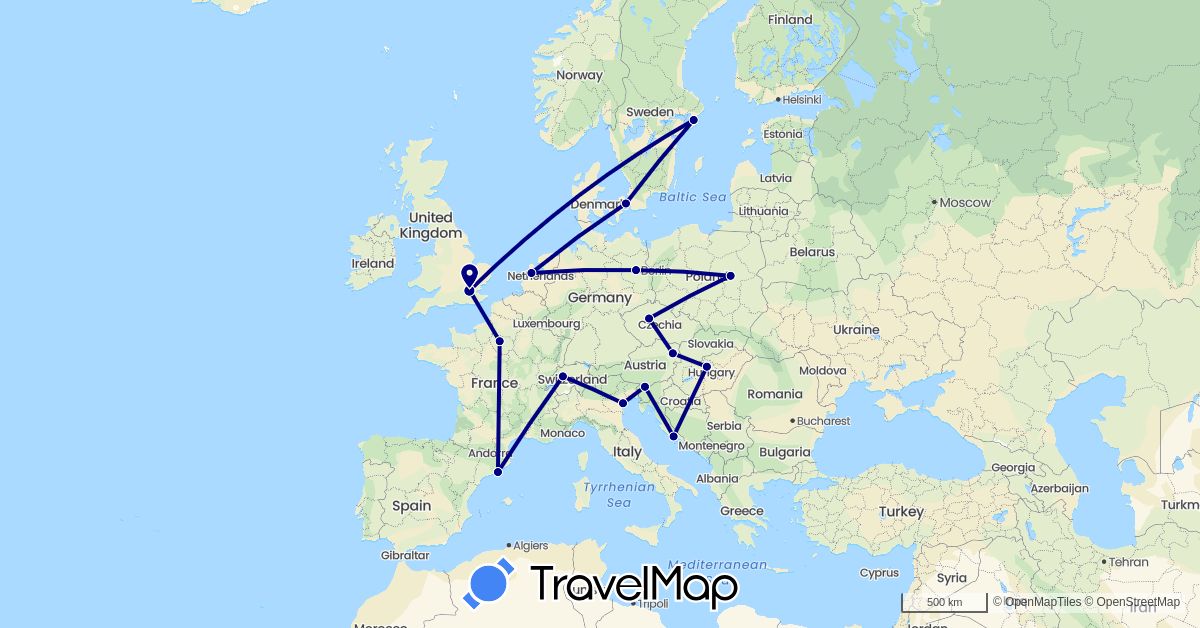 TravelMap itinerary: driving in Austria, Switzerland, Czech Republic, Germany, Denmark, Spain, France, United Kingdom, Croatia, Hungary, Italy, Netherlands, Poland, Sweden, Slovenia (Europe)